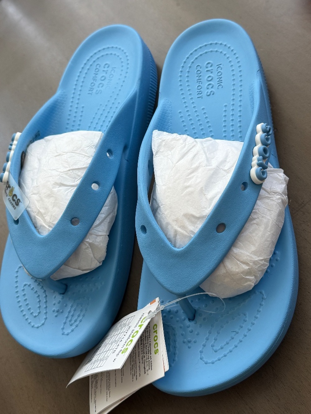 Crocs Classic Platform Flip Flop blue oxygen sandal W9 M7 NWT Blue logo Jibbitz